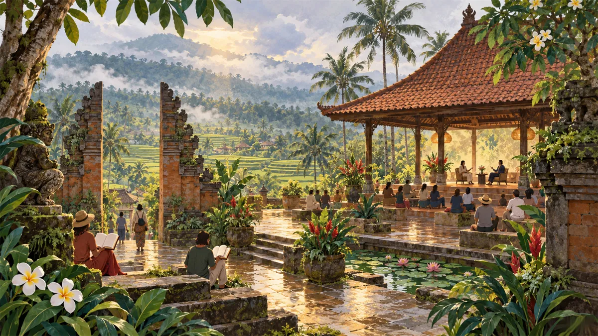Editorial travel illustration of Ubud Writers & Readers Festival in Bali
