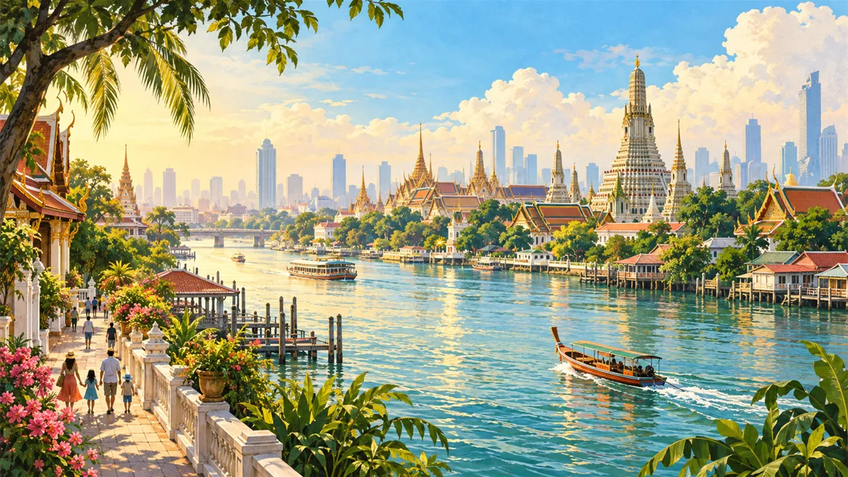 Editorial travel illustration of Bangkok for family travel