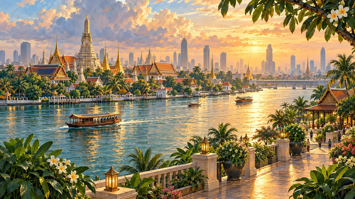 バンコクの上質な旅行の雰囲気を描いた旅行イラスト