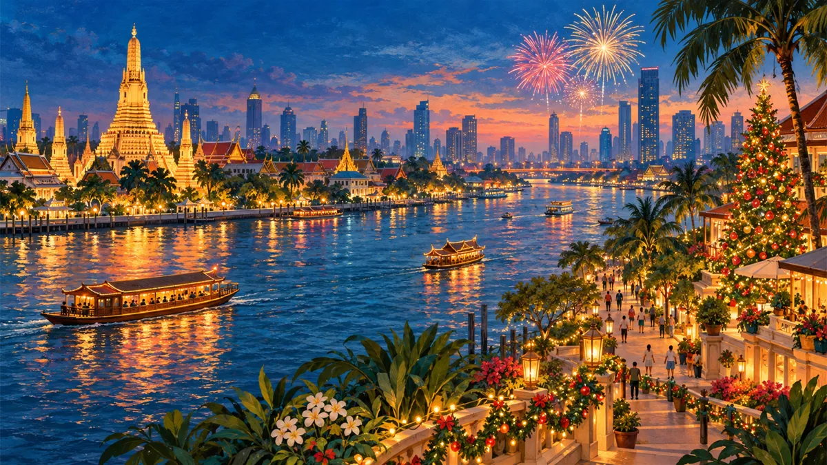 Editorial travel illustration of US Christmas-New Year holidays 2026-27 in Bangkok
