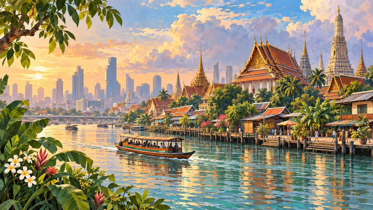 Editorial travel illustration of Bangkok for good-value travel