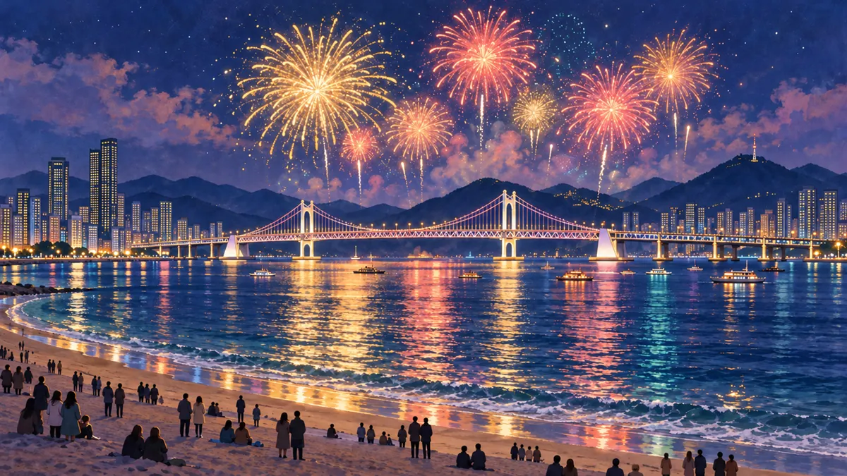釜山の第21回釜山花火祭りの雰囲気を描いた旅行イラスト