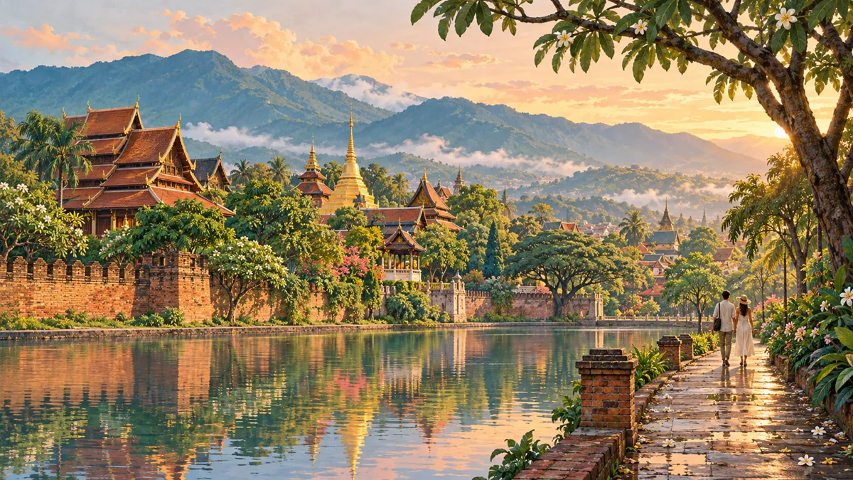 チェンマイのカップル旅行の雰囲気を描いた旅行イラスト