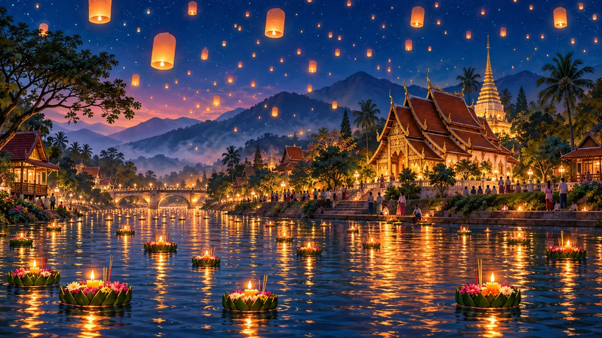 Editorial travel illustration of Yi Peng and Loy Krathong Lantern Festival, Chiang Mai in Chiang Mai