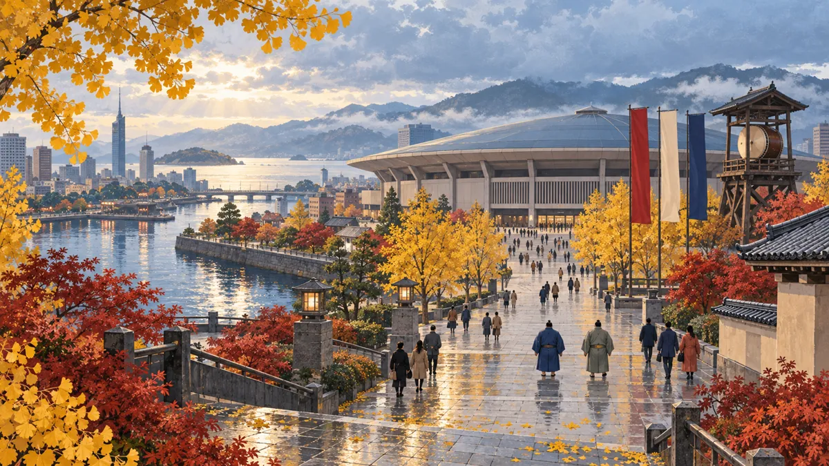 Editorial travel illustration of Grand Sumo Kyushu Tournament (November Basho) in Fukuoka
