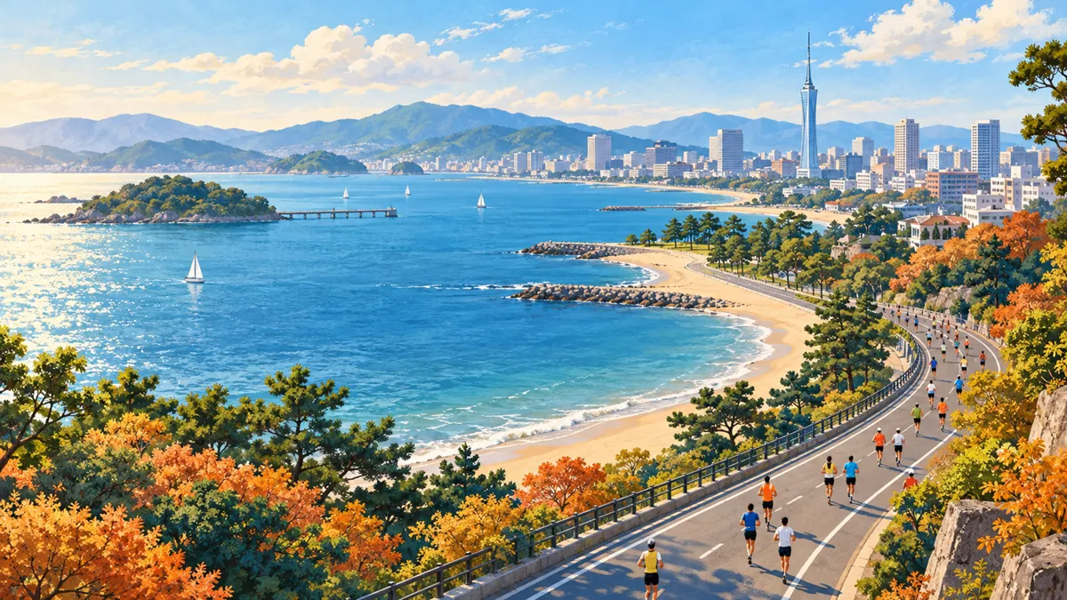 Editorial travel illustration of Fukuoka Marathon in Fukuoka