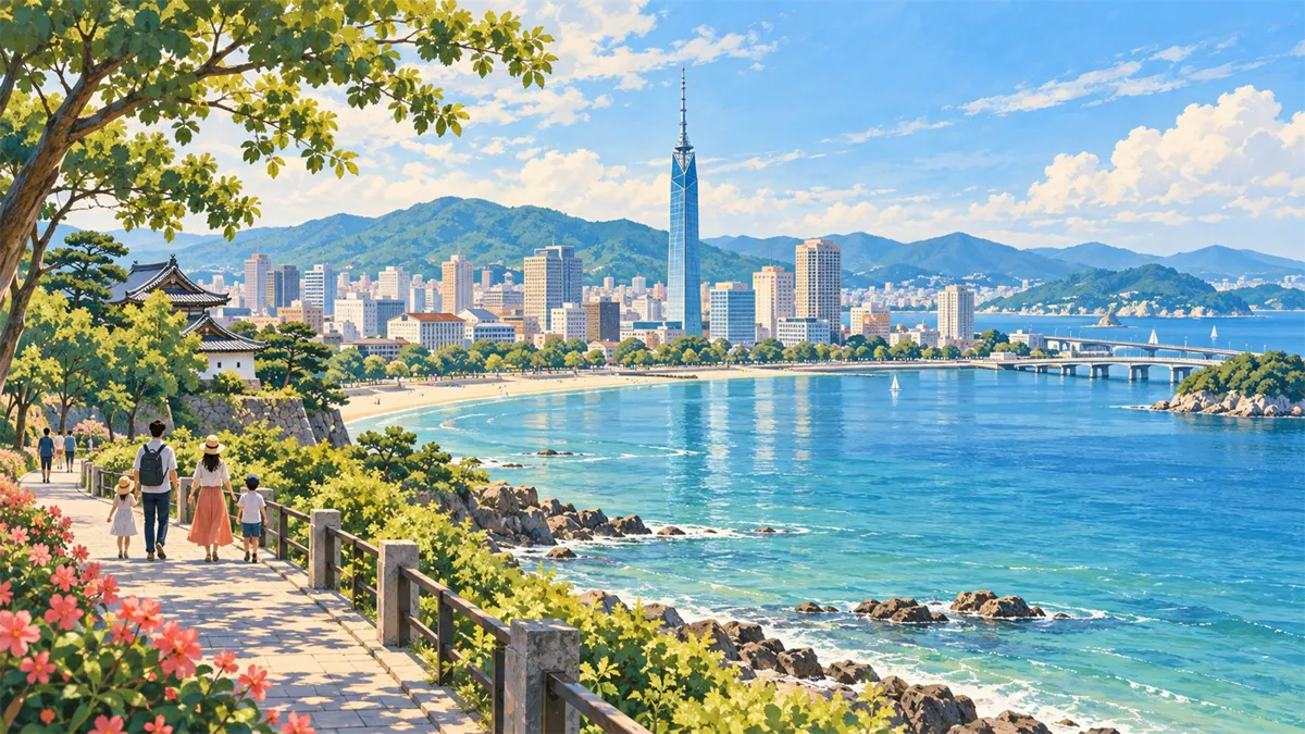 展现福冈亲子旅行氛围的旅行插画