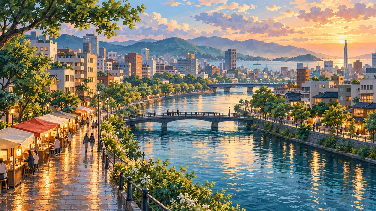 Editorial travel illustration of Fukuoka for good-value travel
