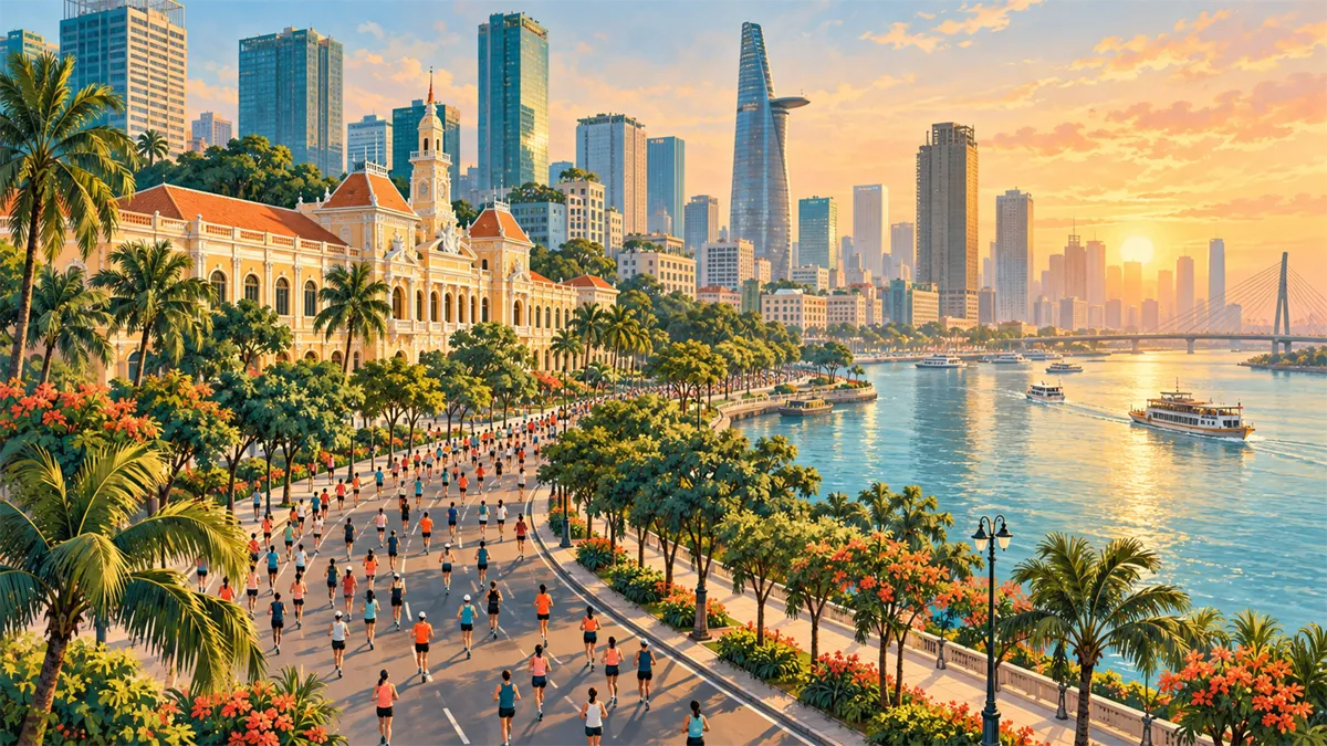 展现胡志明市Techcombank胡志明市国际马拉松氛围的旅行插画