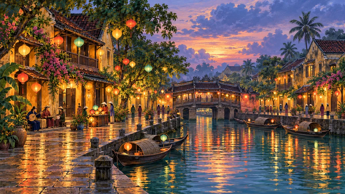 Editorial travel illustration of Vietnam Cultural Heritage Day Activities, Hoi An in Hoi An