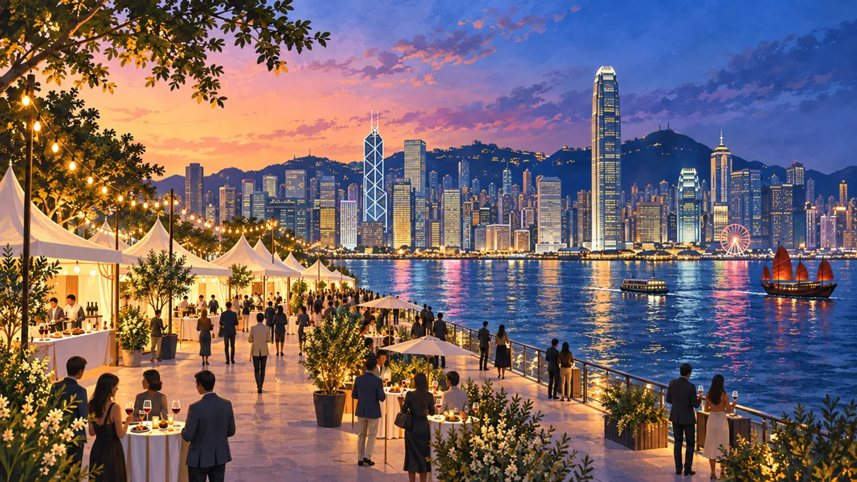 Editorial travel illustration of Hong Kong Wine & Dine Festival in Hong Kong