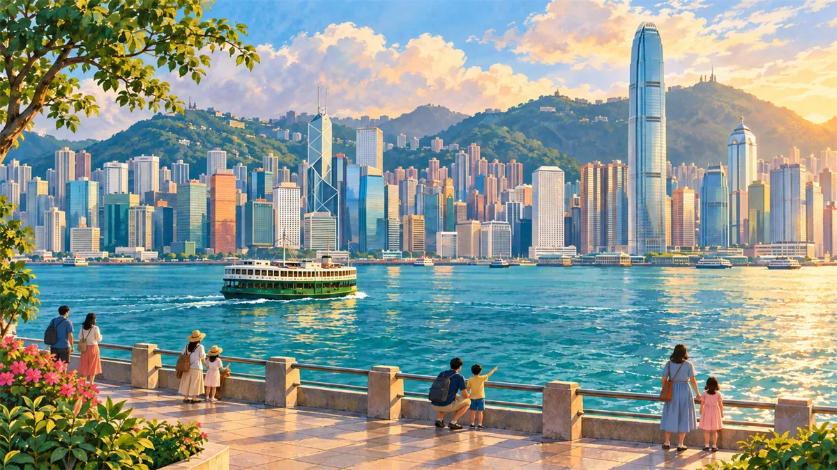 Editorial travel illustration of Hong Kong for family travel