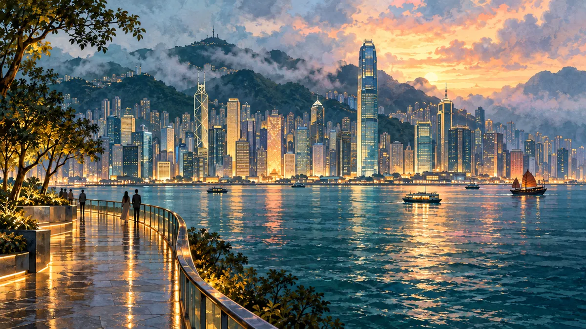 Editorial travel illustration of Hong Kong for luxury travel