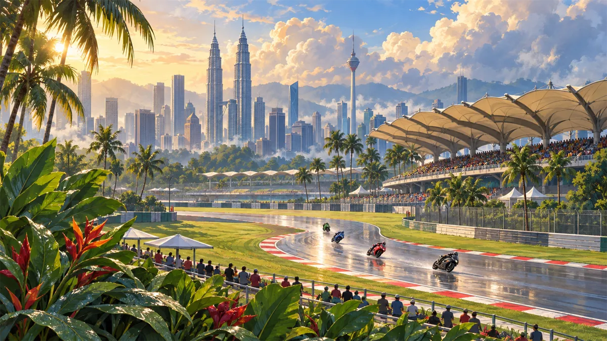 クアラルンプールのMotoGP マレーシアGPの雰囲気を描いた旅行イラスト