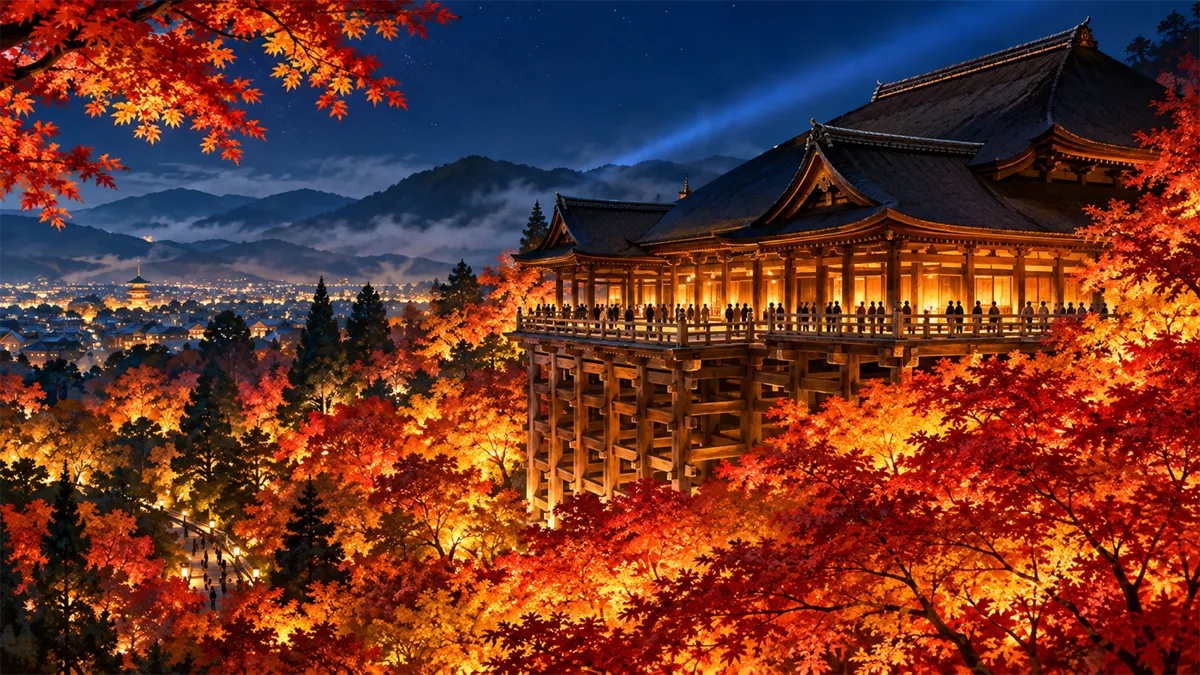 Editorial travel illustration of Kiyomizu-dera Autumn Night Illumination in Kyoto