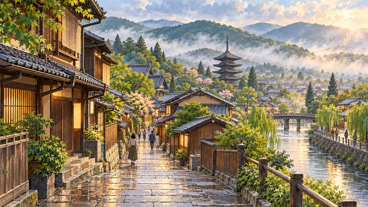 Editorial travel illustration of Kyoto for good-value travel