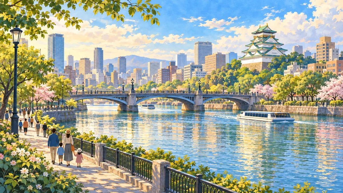Editorial travel illustration of Osaka for family travel
