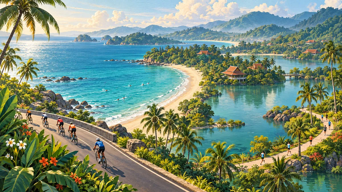 展现普吉岛普吉乐古浪铁人三项赛氛围的旅行插画
