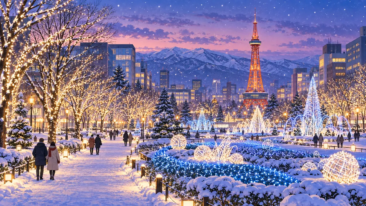 Editorial travel illustration of Sapporo White Illumination (46th) in Sapporo