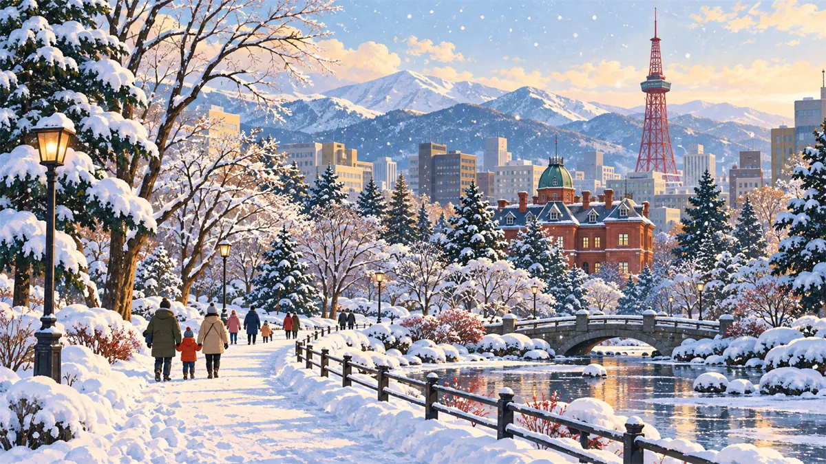 札幌の家族旅行の雰囲気を描いた旅行イラスト