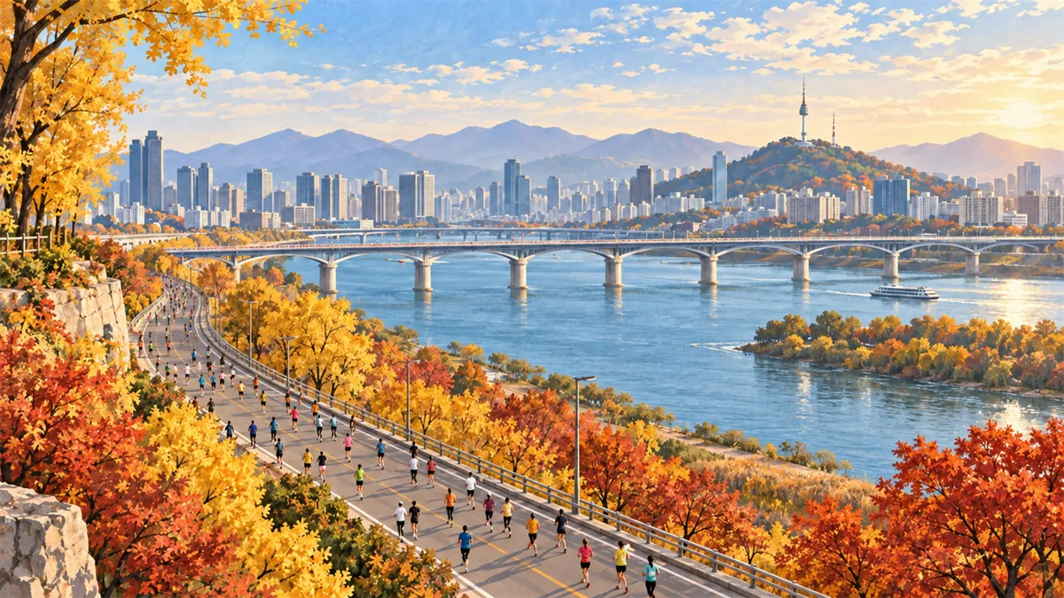 展现首尔2026 JTBC首尔马拉松氛围的旅行插画