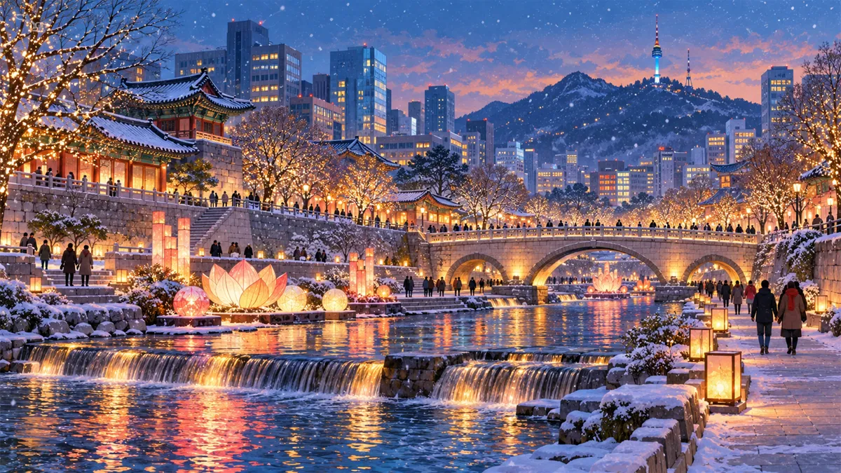 展现首尔首尔冬日庆典氛围的旅行插画