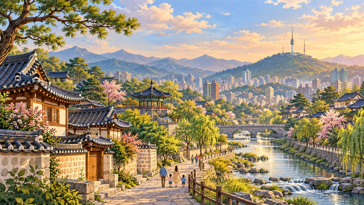 Editorial travel illustration of Seoul for family travel