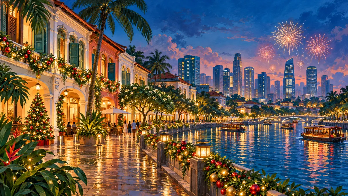 Editorial travel illustration of US Christmas-New Year holidays 2026-27 in Singapore