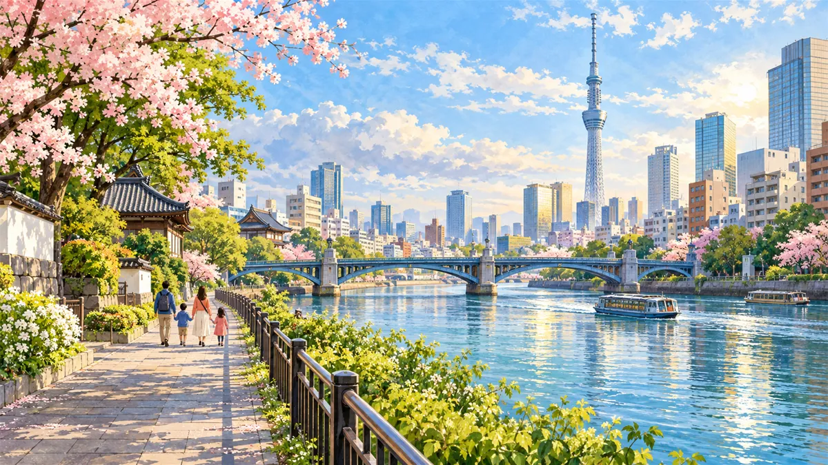 Editorial travel illustration of Tokyo for family travel