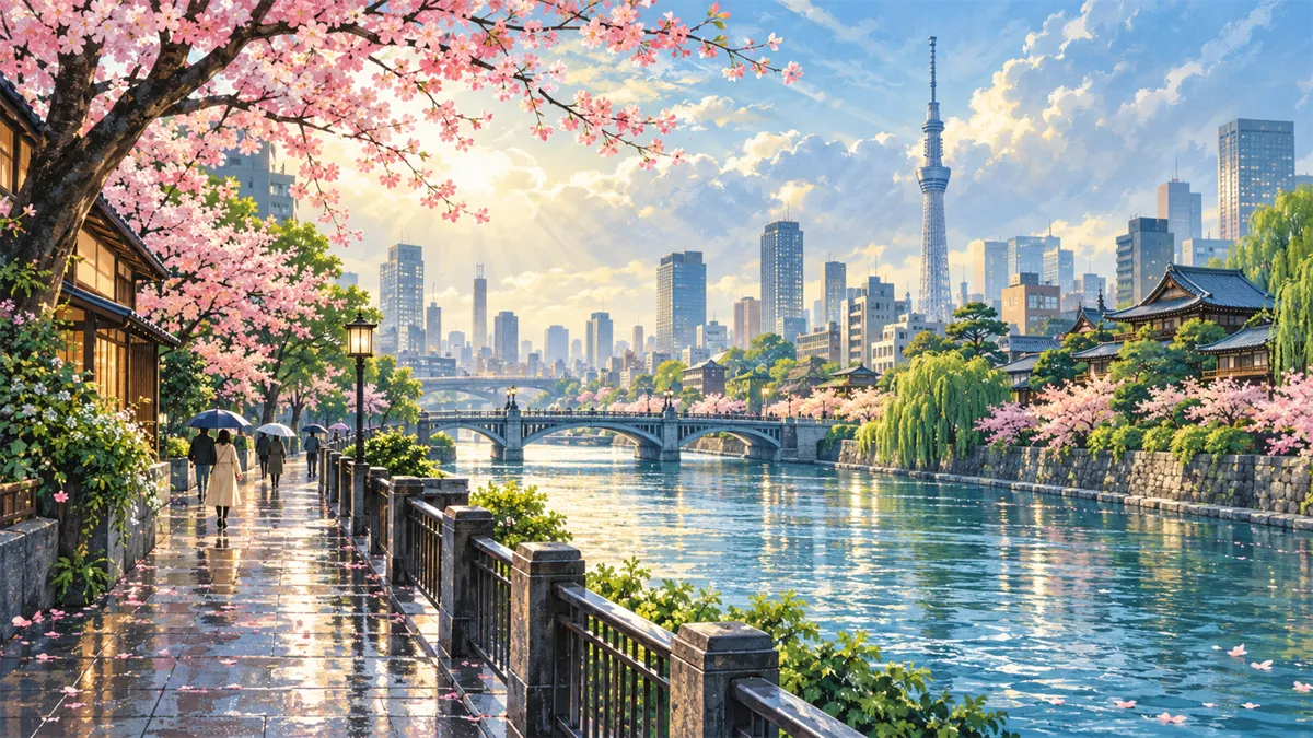 Editorial travel illustration of Tokyo for well-reviewed travel