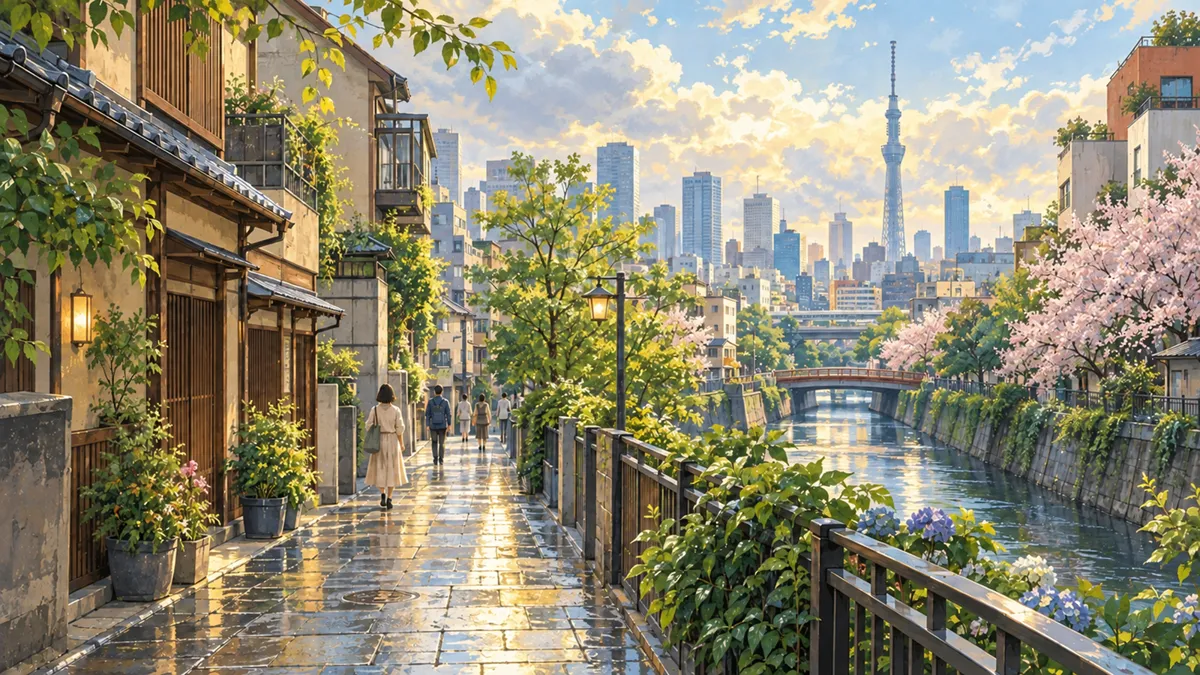 東京の実用的な旅行の雰囲気を描いた旅行イラスト